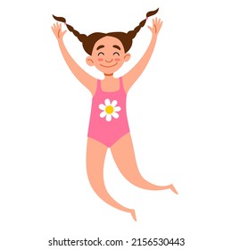 Girl jumps with his hands up. Happy baby in a swimsuit.