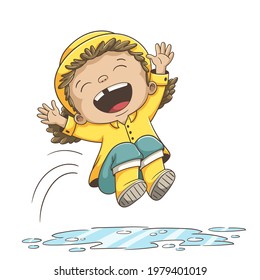 Girl jumps into a puddle. Hand drawn vector illustration with separate layers.