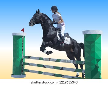 Girl jumps on a black horse over obstacle in competition. Equestrian sport - jumping. Low poly vector illustration. Image of sportwoman, consist of triangles of different sizes.