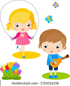 A girl jumps on a skipping rope and a boy plays the guitar