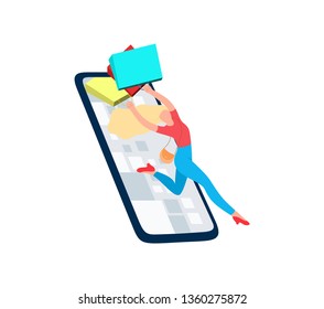 The girl jumps out of a mobile phone with bags in her hands. Illustration for online shopping and sales. Vector illustration un modern flat style.