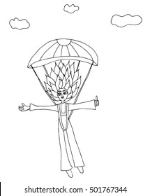 A girl jumps with a parachute on a background clouds. For banners, labels, badges, prints, posters, web. Vector illustration.