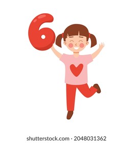 Girl jumps up and smiles and holds in her hands number six, number of class at school. Vector flat cartoon illustration of child isolated on white background. Concept of character.