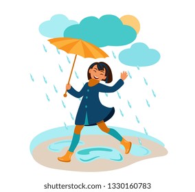 girl jumps through puddles and enjoys the spring rain