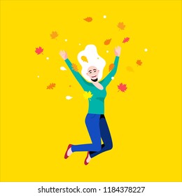The girl jumps and throws the autumn leaves. Concept of autumn mood, happiness and joy. Vector illustration.