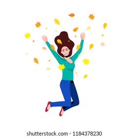 The girl jumps and throws the autumn leaves. Concept of autumn mood, happiness and joy. Vector illustration.