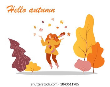 The girl jumps and throws autumn leaves in the forest. Autumn mood concept. Vector flat illustration.