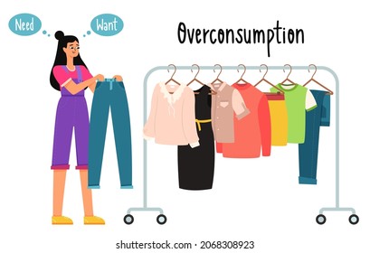 A girl in a jumpsuit chooses clothes and thinks she wants jeans or needs them. The topic of hyperconsumption, reasonable use. Color vector illustration of isolated on a white background.