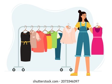 A girl in a jumpsuit chooses clothes and thinks she wants a dress or blouse. a hanger with different clothes. Shopping. Color vector illustration of isolated on a white background.