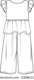 	
girl jumpsuit wide leg and ruffle detail technical drawing vector	
