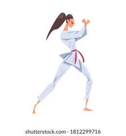 Girl Karate Fighter Character Practicing Traditional Japan Martial Art Cartoon Style Vector Illustration