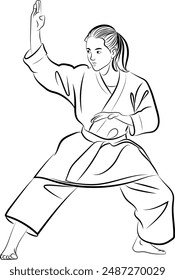 Girl in karate pose, Hand drawn in thin line style