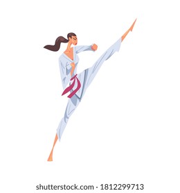 Girl Karateka Doing High Leg Kick, Karate Fighter Character in White Kimono Practicing Traditional Japan Martial Art Cartoon Style Vector Illustration