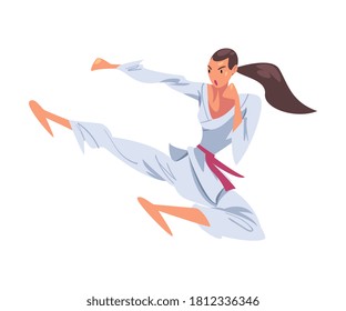 Girl Karateka Jumping Side Kick, Karate Fighter Character in White Kimono Practicing Traditional Japan Martial Art Cartoon Style Vector Illustration