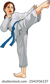 Una chica karateka en un kimono blanco con un cinturón azul realiza una patada de Mawashi Geri durante el entrenamiento.