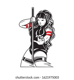 The girl with katana sword. Vector flat and linear Illustration .Web banners, advertisements, brochures, business templates. on a white background.
