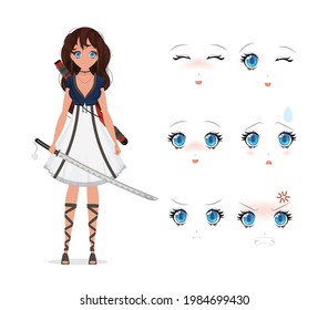 Girl with a katana in a white dress. Anime samurai woman. Emotion constructor. Isolated, cartoon style, vector illustration.