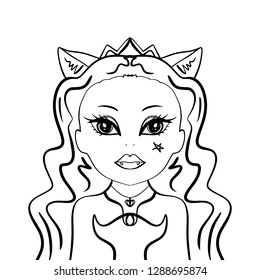 Girl kawaii cat monster face art coloring, face tattoo, cutout paper toy. Fashion beautiful cartoon avatar. Children's Halloween Party