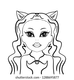 Girl kawaii cat monster face art coloring, cutout paper toy. Fashion beautiful cartoon avatar. Children's Halloween Party