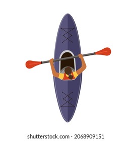 Girl in a kayak, doing sport, outdoor activitiy in summertime. Vector illustration, top view.