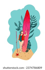 chica, kayak, surf, cuerpo positivo, mar, río, sol, verano, verano 2024, vacaciones, deporte activo, deportes acuáticos, rafting, pádel, mujer, playa, pez estrella, vector, ilustración