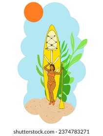 chica kayak, surf, latina, mexicana, cuerpo positivo, mujer, mar, río, sol, verano, vacaciones, deportes activos, deportes acuáticos, rafting, pádel, playa, vector, ilustración