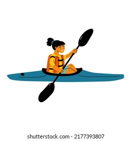 Girl kayaking. Female sportsman with life vest paddling kayak boat. Canoe sprint sport. Vector illustration.