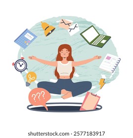 Girl keep calm in daily educational or working chaos. Young student, worker meditating find balance. Multitasking woman in circle office things, vector concept