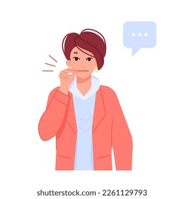 Girl keep secret. Woman with zipped mouth, dont talk gossip or rumor concept, girls keeping silence calm quiet lady show privacy communication gesture, cartoon vector illustration secret of woman