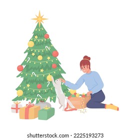 Girl keeping cat away from messing with Christmas tree semi flat color vector characters. Editable full body person on white. Simple cartoon style illustration for web graphic design and animation