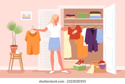 Girl keeping order in home closet vector illustration. Cartoon woman holding hanger with dress and shirt, standing near wardrobe to sort clothes, choose stylish outfit, find obsolete old apparel