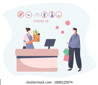 Girl with Keeping Social Distancing two Metres and Coronavirus covid-19 Prevention in Shop.Characters in Medical Mask Buying Groceries.Protect yourself.Flat Vector Illustration