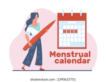 Girl keeps her menstrual calendar. Woman near large table with period marks. PMS and ovulation, menstruation control. Female reproductive system. Cartoon flat isolated vector concept