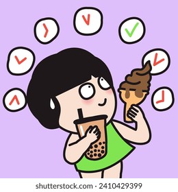 Girl Keeps Patience And Calm Looking To Eat Right By The Clock. Girl Chooses Best Time To Eat. Intermittent Fasting And Diet Lifestyle Concept Card Character illustration