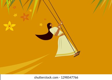 Girl with Kerala traditional dress swinging. Concept for Onam festival