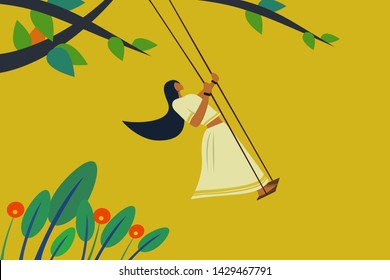 Girl with Kerala traditional dress swinging. Concept for Onam festival