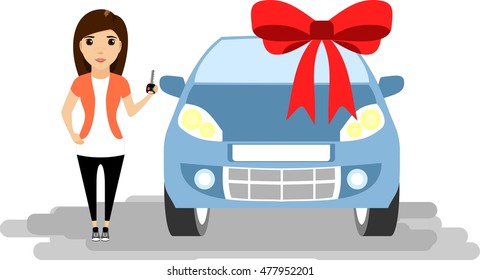 Girl with key in hand. New car. Gift