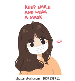 Girl with khaki shirt, white background. keep smile and wear a mask. simple vector