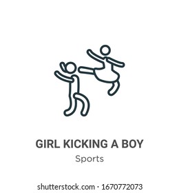 Girl kicking a boy in the face outline vector icon. Thin line black girl kicking a boy in the face icon, flat vector simple element illustration from editable sports concept isolated stroke on white 