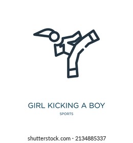 girl kicking a boy in the face thin line icon. happy, boy linear icons from sports concept isolated outline sign. Vector illustration symbol element for web design and apps.