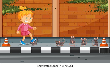 Girl kicking rats on the street illustration