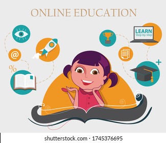 Girl Kid with a book and educational background and icons related to education. Illustration can be used for book cover, websites, online learning platform. 