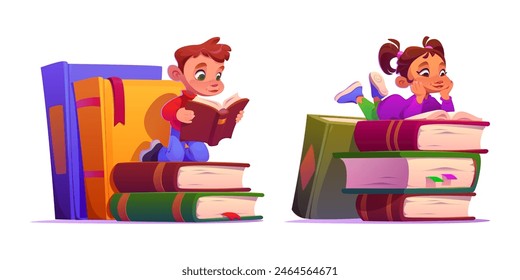 Mädchen und Junge lesen Archiv-Buch Cartoon der Schule. Glückliche Schülerkinder Charakter lernen Lehrbuch in der Vorschule. Lektion Hausaufgaben für clevere Kleinkind Clipart Set. Märchengeschichtenleser-Kollektion