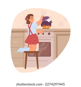 Girl kid by boiling water on stove, risk of burning or causing fire. Danger for child, unwatched by parents, home hazard. Flat cartoon, vector illustration