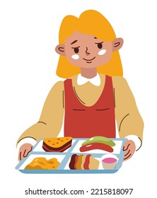 Girl kid carrying tray with diverse delicious food. Breakfast or dinner at home or school canteen. Sandwich and vegetables, dessert and cup of tea or juice. Isolated personage, vector in flat style