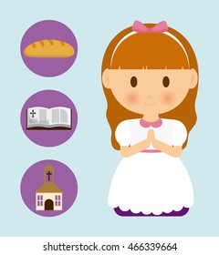 girl kid cartoon bread bible church icon. First communion concept. Flat and Colorfull illustration. Vector graphic