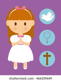 girl kid cartoon dove cross rosary icon. First communion concept. Flat and Colorful illustration. Vector graphic