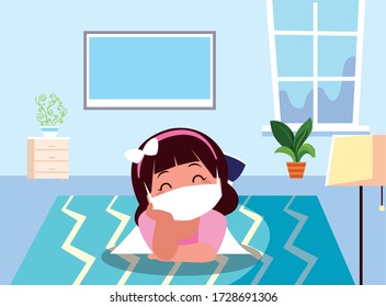 Girl kid cartoon with mask at home with tv design of Covid 19 virus theme Vector illustration