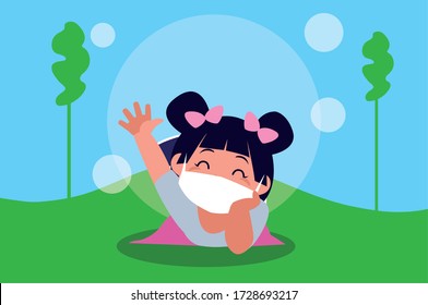 Girl Kid Cartoon With Mask At Park Design Of Covid 19 Virus Theme Vector Illustration