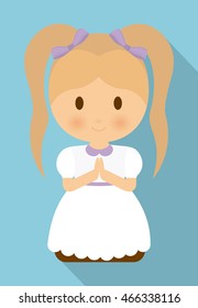 girl kid cartoon white dress icon. First communion concept. Flat and Colorfull illustration. Vector graphic